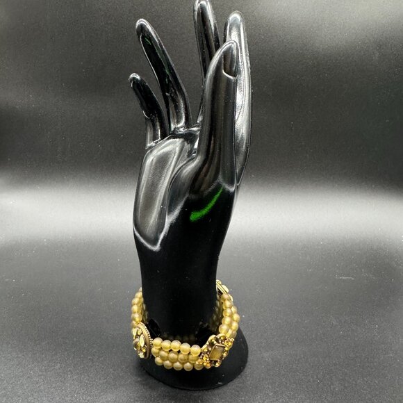 NEW Beaded Stretchy Bracelet Green Gold Tone by Acess-Mode with Tag - Picture 6 of 7